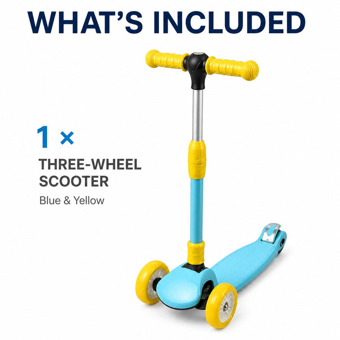 Kids 3-Wheel Kick Scooter, Adjustable Handlebar, Foldable, Light-Up Wheels, Blue