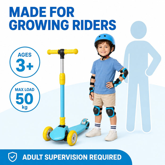 Kids 3-Wheel Kick Scooter, Adjustable Handlebar, Foldable, Light-Up Wheels, Blue