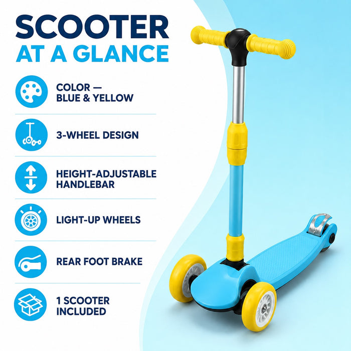 Kids 3-Wheel Kick Scooter, Adjustable Handlebar, Foldable, Light-Up Wheels, Blue