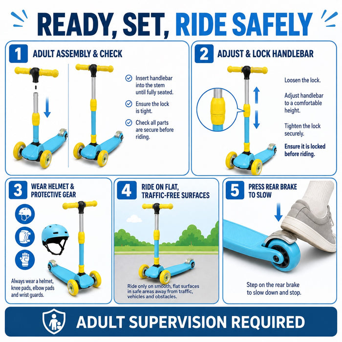 Kids 3-Wheel Kick Scooter, Adjustable Handlebar, Foldable, Light-Up Wheels, Blue