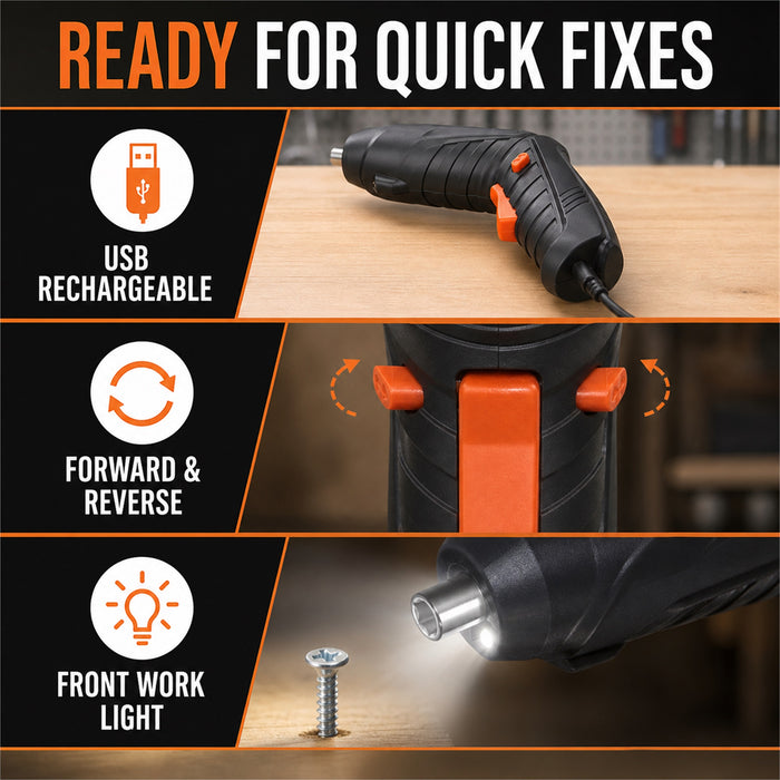 47-Piece Cordless Screwdriver Set, USB Rechargeable, Black