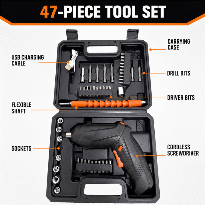 47-Piece Cordless Screwdriver Set, USB Rechargeable, Black