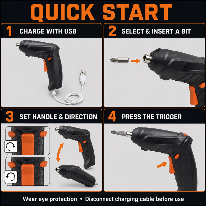 47-Piece Cordless Screwdriver Set, USB Rechargeable, Black