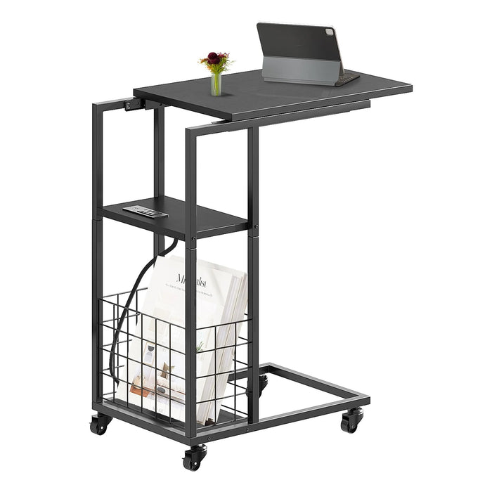 ODIKA C-Shaped Rolling Side Table with Charging Station, Black