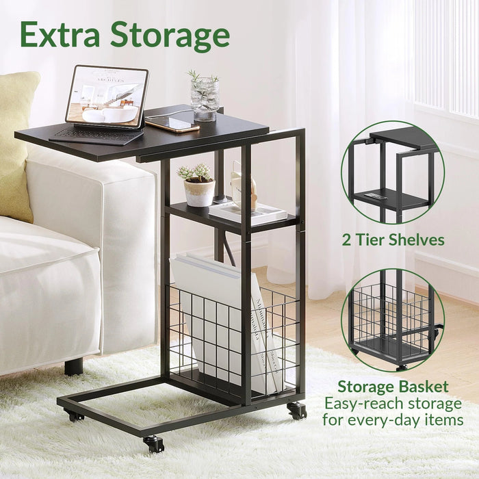 ODIKA C-Shaped Rolling Side Table with Charging Station, Black