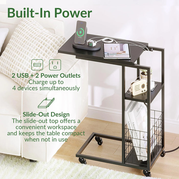 ODIKA C-Shaped Rolling Side Table with Charging Station, Black