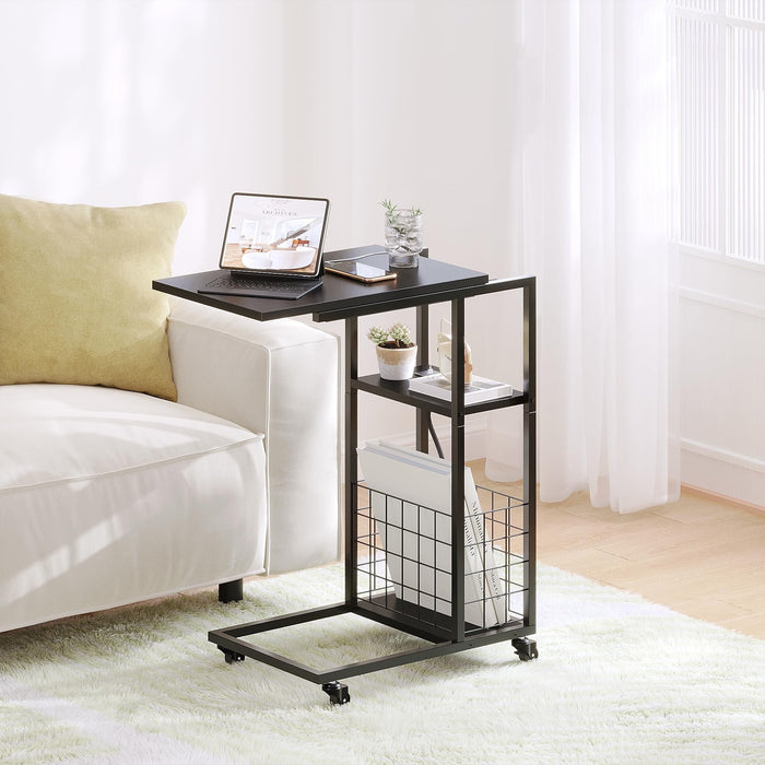 ODIKA C-Shaped Rolling Side Table with Charging Station, Black