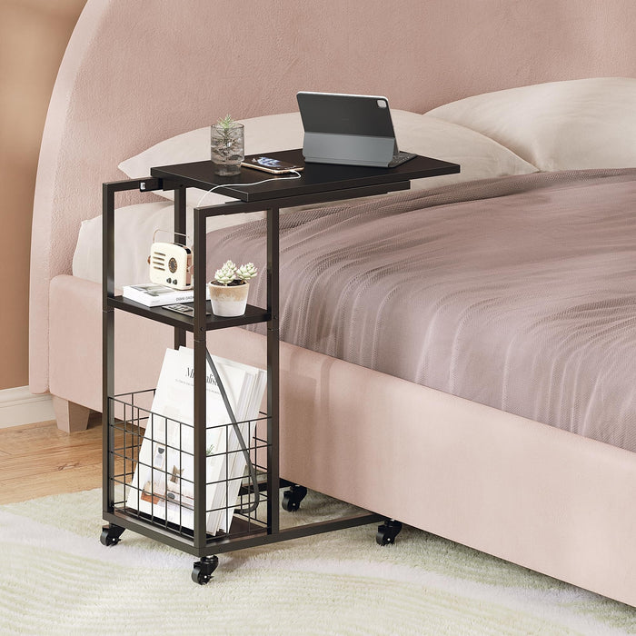 ODIKA C-Shaped Rolling Side Table with Charging Station, Black