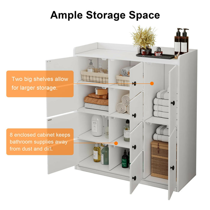 Bathroom Storage Cabinet Freestanding Floor Organizer with 8 Doors & Shelves Waterproof P2 MDF Modern White Storage Cupboard Bathroom, Entryway, Living Room