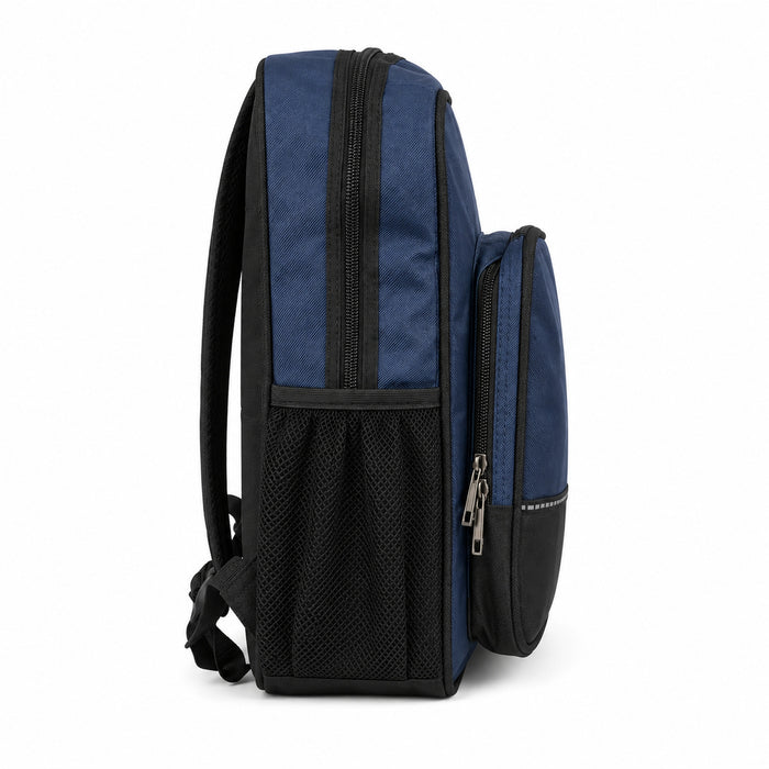 Blue Sling Backpack, Compact Crossbody Shoulder Bag with Front Zip Pocket, Side Mesh Pockets, Silver Accent Strip, 35 x 30 x 10 cm, for School, Work, Commute and Day Trips