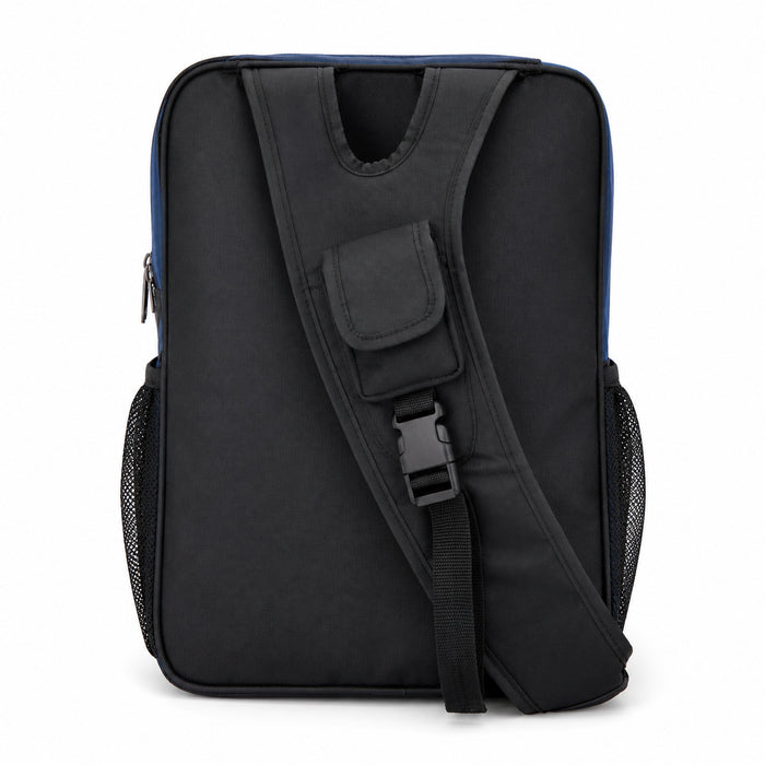 Blue Sling Backpack, Compact Crossbody Shoulder Bag with Front Zip Pocket, Side Mesh Pockets, Silver Accent Strip, 35 x 30 x 10 cm, for School, Work, Commute and Day Trips