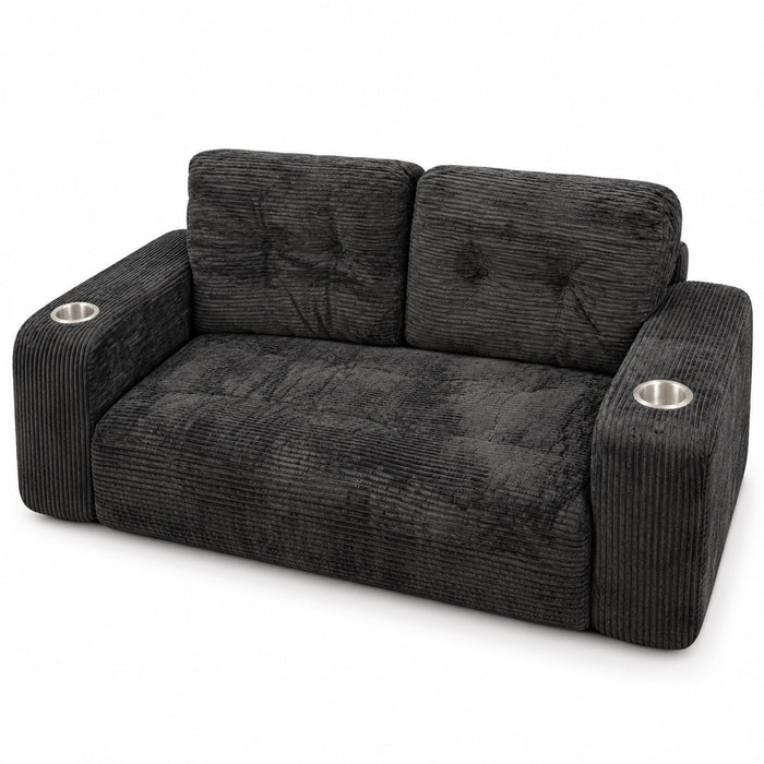 Loveseat Sofa, Black Corduroy Couch with 2 Cup Holders