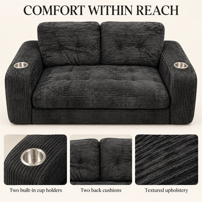 Loveseat Sofa, Black Corduroy Couch with 2 Cup Holders