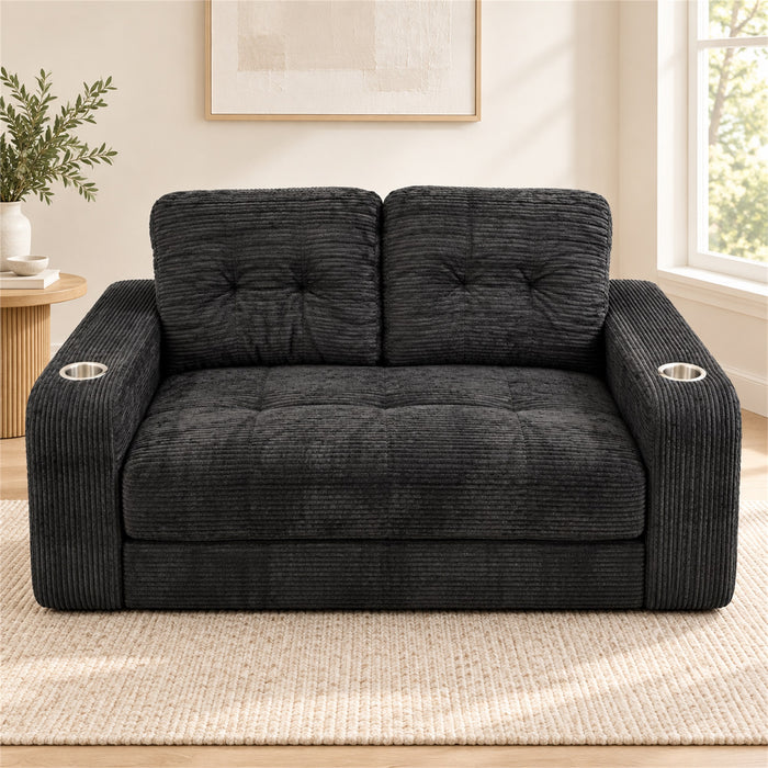 Loveseat Sofa, Black Corduroy Couch with 2 Cup Holders