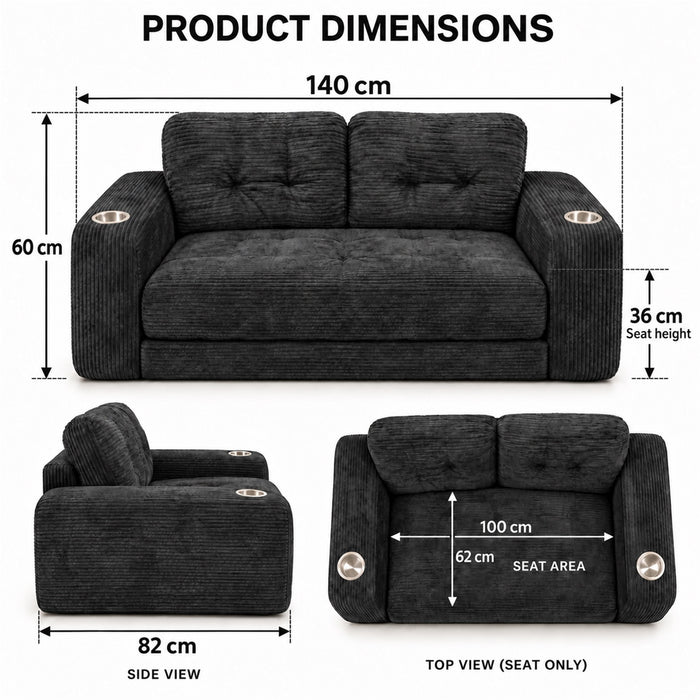 Loveseat Sofa, Black Corduroy Couch with 2 Cup Holders