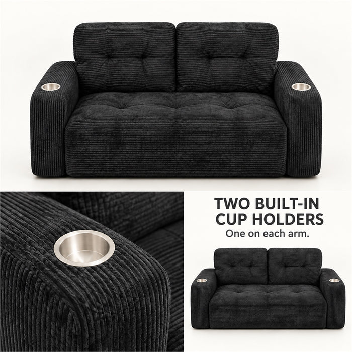Loveseat Sofa, Black Corduroy Couch with 2 Cup Holders