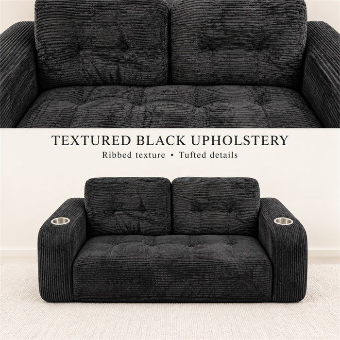Loveseat Sofa, Black Corduroy Couch with 2 Cup Holders