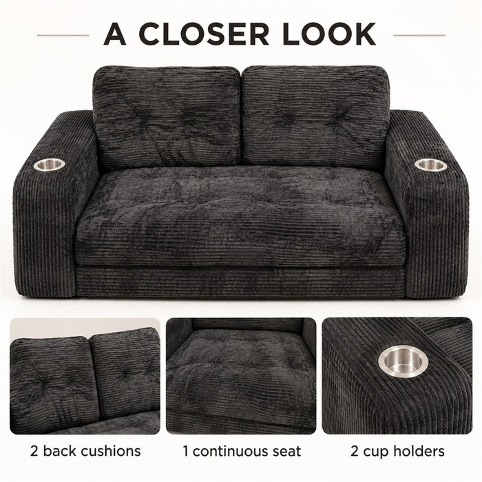 Loveseat Sofa, Black Corduroy Couch with 2 Cup Holders