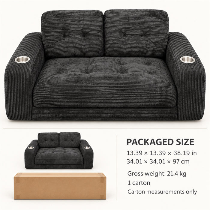 Loveseat Sofa, Black Corduroy Couch with 2 Cup Holders