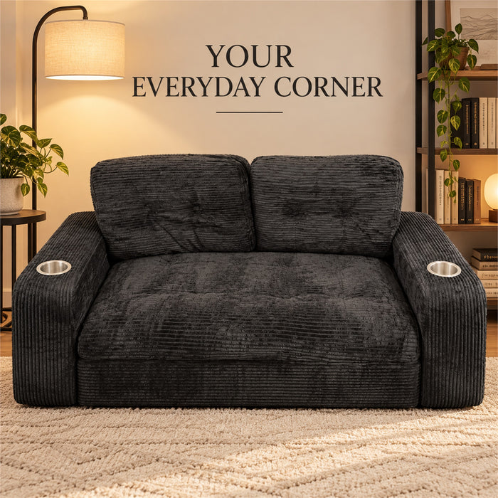 Loveseat Sofa, Black Corduroy Couch with 2 Cup Holders