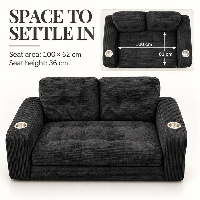 Loveseat Sofa, Black Corduroy Couch with 2 Cup Holders