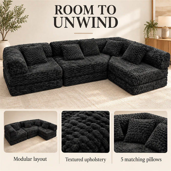 Modular Floor Sofa, Black Textured Sectional Couch, 5 Pillows