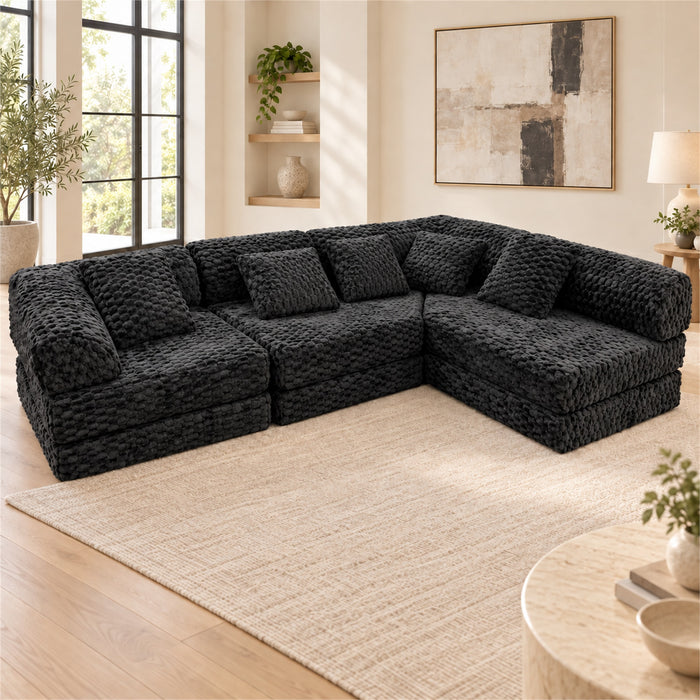 Modular Floor Sofa, Black Textured Sectional Couch, 5 Pillows
