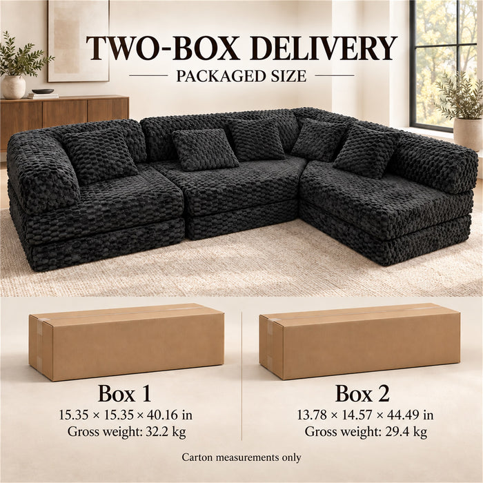 Modular Floor Sofa, Black Textured Sectional Couch, 5 Pillows