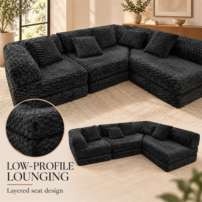 Modular Floor Sofa, Black Textured Sectional Couch, 5 Pillows
