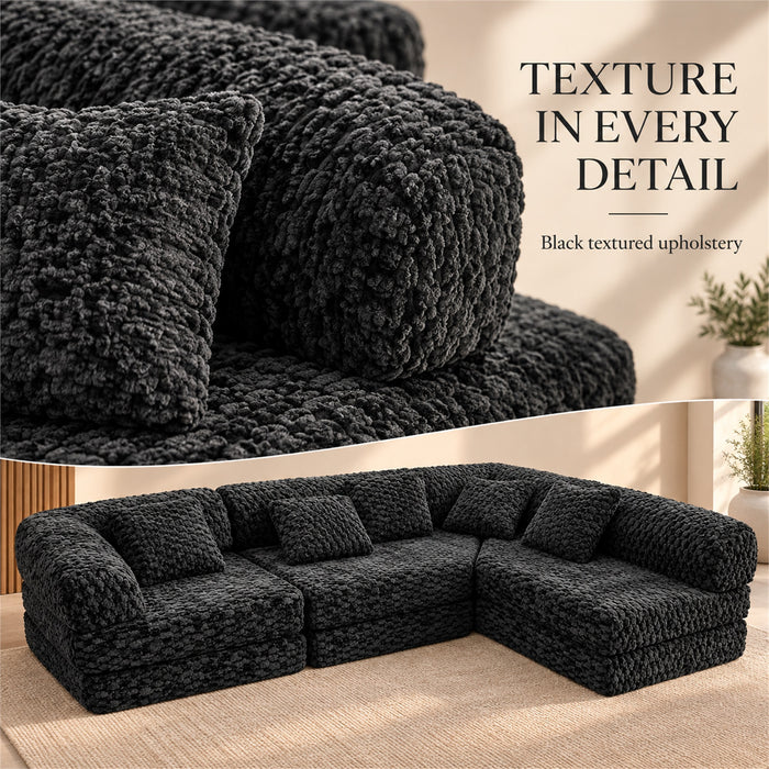 Modular Floor Sofa, Black Textured Sectional Couch, 5 Pillows