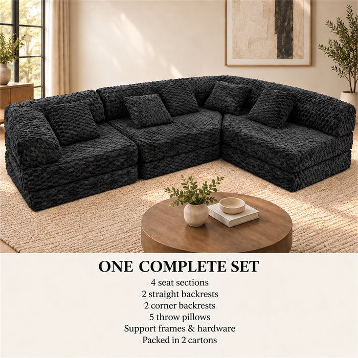 Modular Floor Sofa, Black Textured Sectional Couch, 5 Pillows