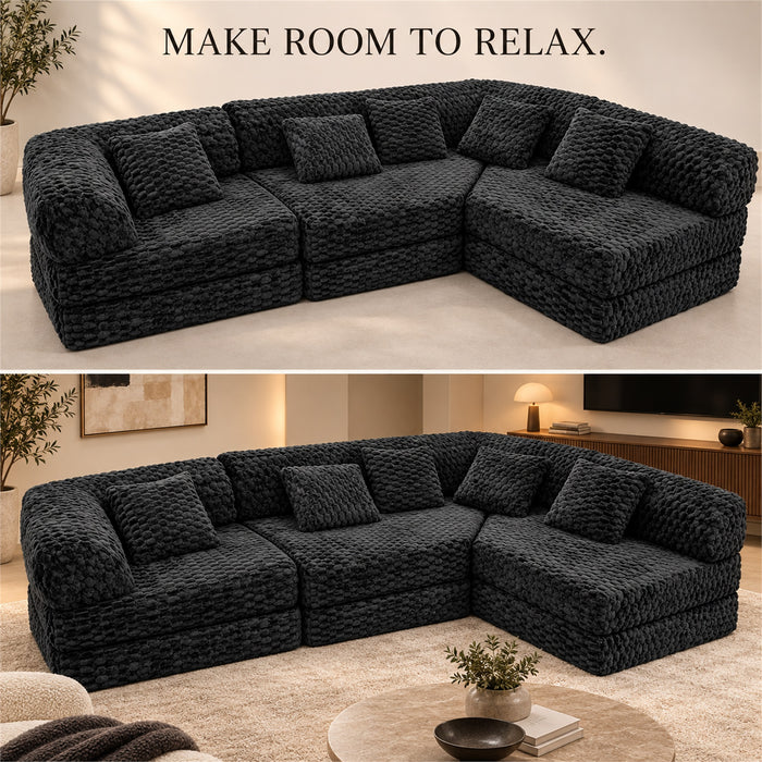 Modular Floor Sofa, Black Textured Sectional Couch, 5 Pillows