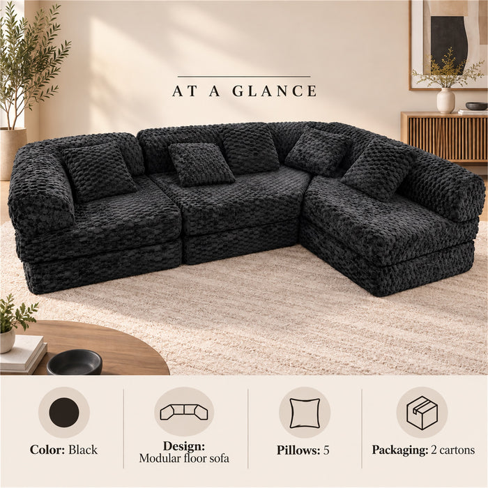 Modular Floor Sofa, Black Textured Sectional Couch, 5 Pillows