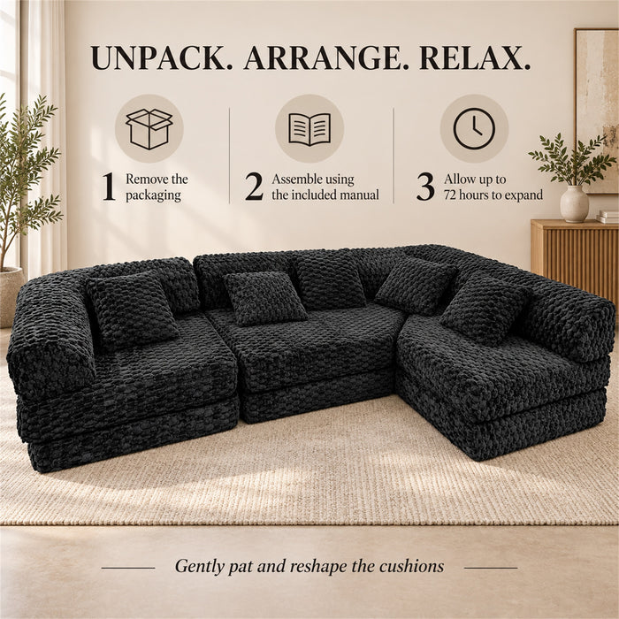 Modular Floor Sofa, Black Textured Sectional Couch, 5 Pillows