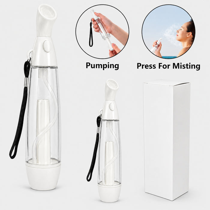 Portable Fine Mist Spray Bottle, Manual Pump Facial Mister with Refillable Water Tank, Wrist Strap, Compact Travel Mist Sprayer for Face, Hair, Office, Outdoor Cooling, White