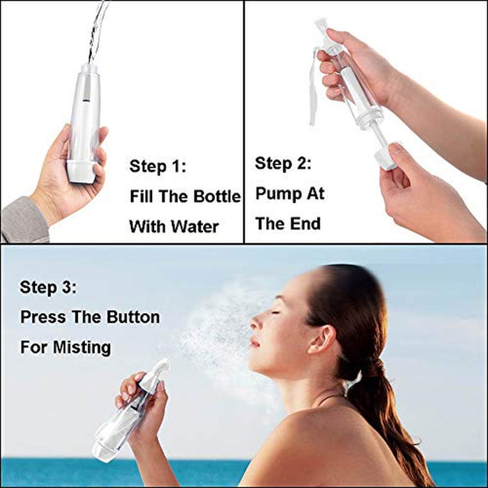 Portable Fine Mist Spray Bottle, Manual Pump Facial Mister with Refillable Water Tank, Wrist Strap, Compact Travel Mist Sprayer for Face, Hair, Office, Outdoor Cooling, White