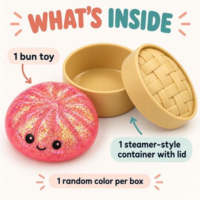 Glitter Bun Squishy Toy with Steamer Case, Random Color