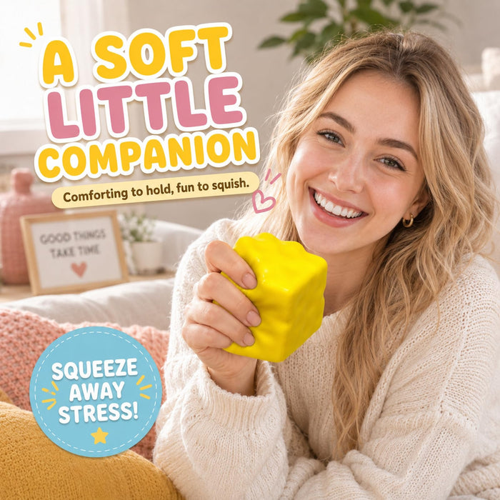 Squishy Cheese Cube Toy, Soft Squeeze Stress Ball, 65mm, Yellow
