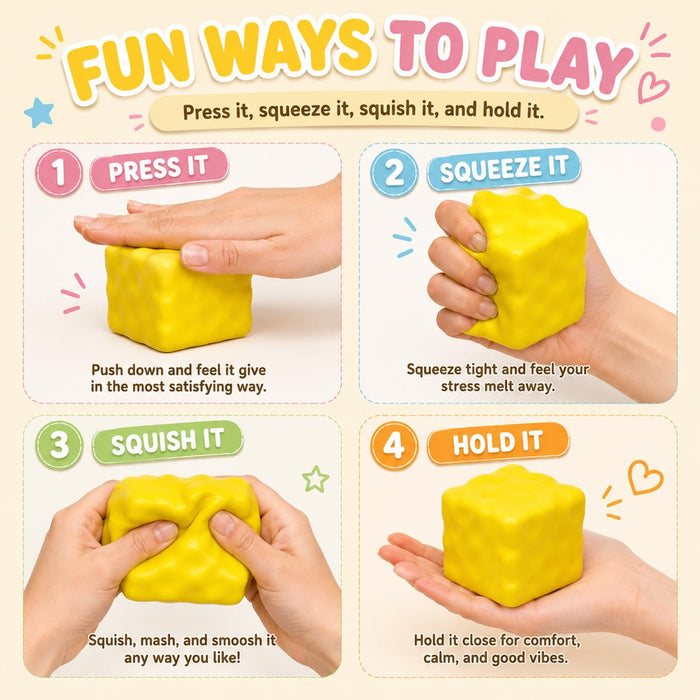 Squishy Cheese Cube Toy, Soft Squeeze Stress Ball, 65mm, Yellow