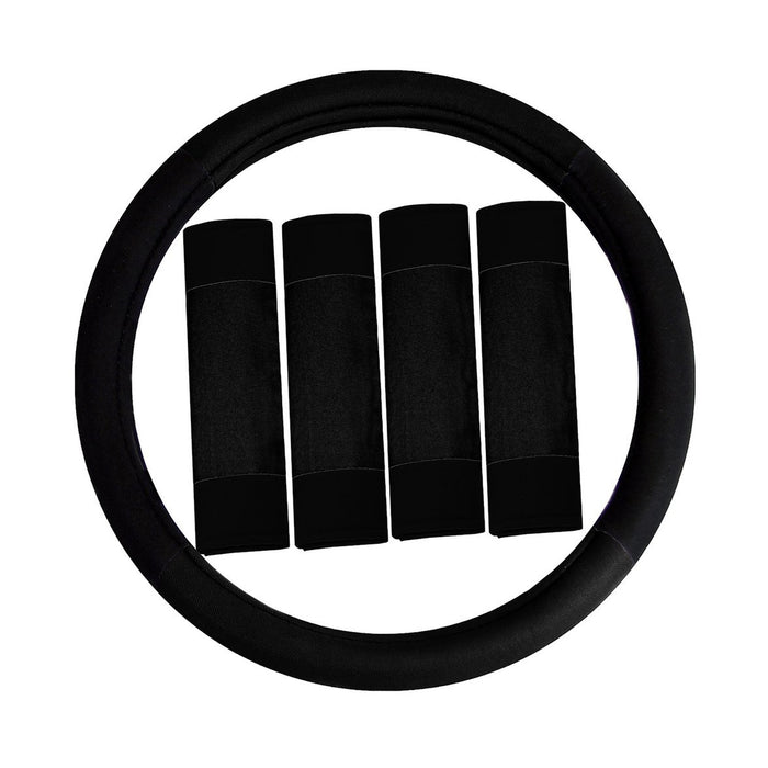 Black Steering Wheel Cover Set, Fabric, 5 Piece Car Interior Kit