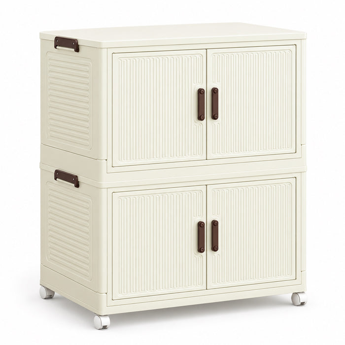 Foldable Storage Cabinet, 2 Tiers, 4 Doors, Casters, Cream