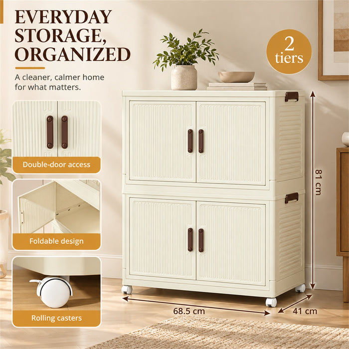 Foldable Storage Cabinet, 2 Tiers, 4 Doors, Casters, Cream