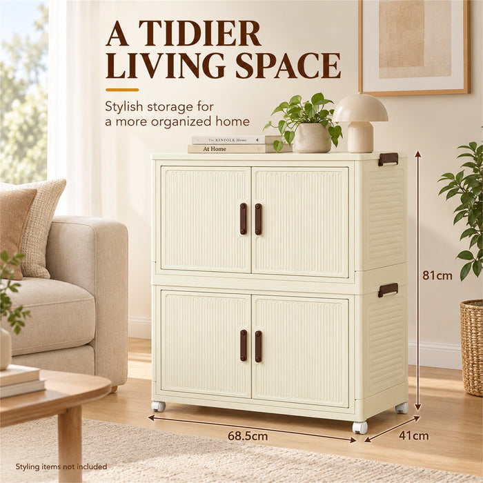 Foldable Storage Cabinet, 2 Tiers, 4 Doors, Casters, Cream