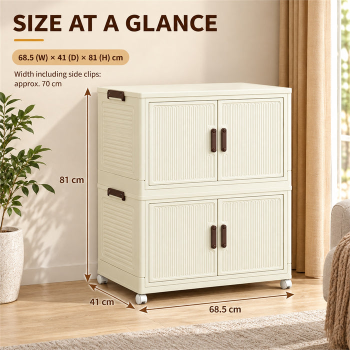 Foldable Storage Cabinet, 2 Tiers, 4 Doors, Casters, Cream
