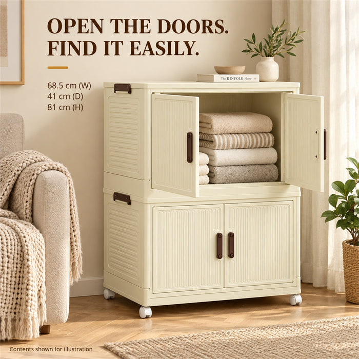 Foldable Storage Cabinet, 2 Tiers, 4 Doors, Casters, Cream
