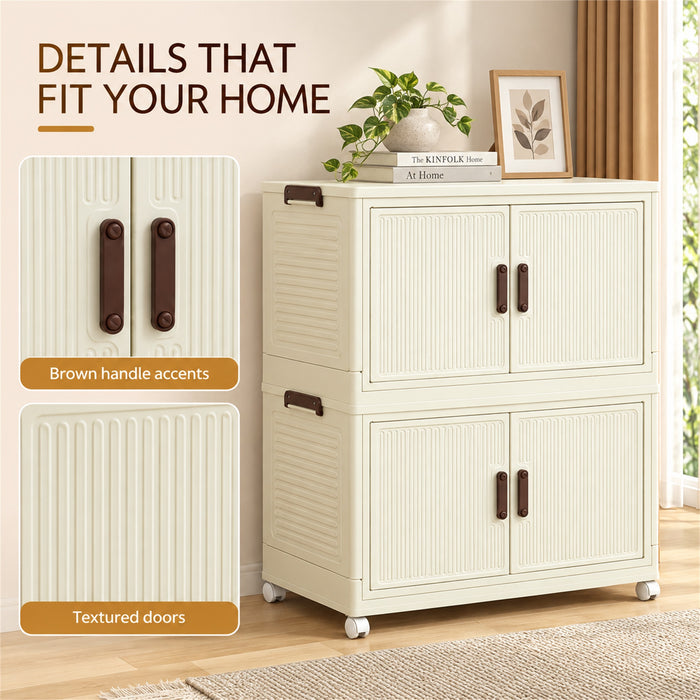 Foldable Storage Cabinet, 2 Tiers, 4 Doors, Casters, Cream