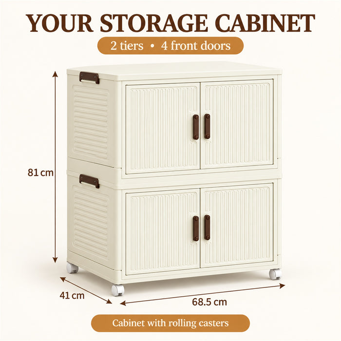 Foldable Storage Cabinet, 2 Tiers, 4 Doors, Casters, Cream
