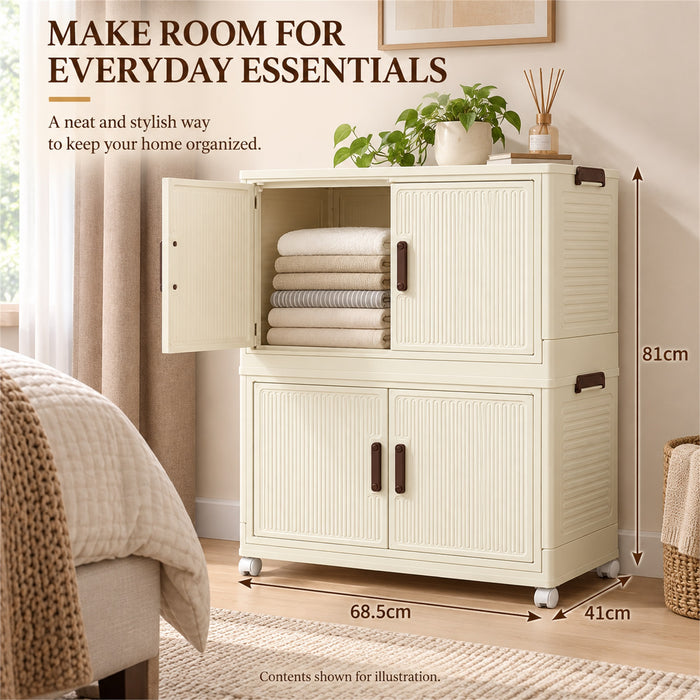 Foldable Storage Cabinet, 2 Tiers, 4 Doors, Casters, Cream