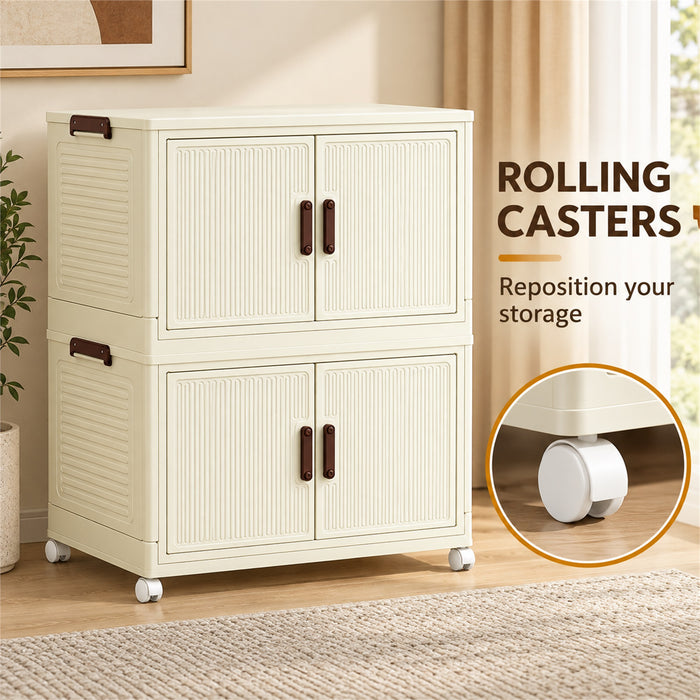 Foldable Storage Cabinet, 2 Tiers, 4 Doors, Casters, Cream
