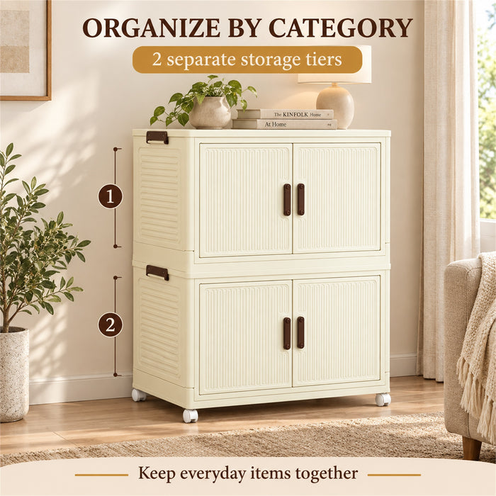 Foldable Storage Cabinet, 2 Tiers, 4 Doors, Casters, Cream